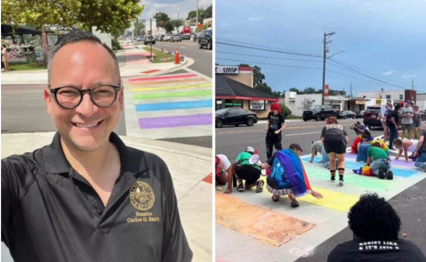 Senator Carlos Guillermo Smith, in front of the restored crosswalk. R: Florida locals coloring in the crosswalk. Images shared with Newsweek by Carlos Guillermo Smith